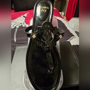 Crown & Ivy Black Sandals with Gold Details